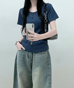 Uネックラウンドフィット半袖Tシャツ6色 NAVY