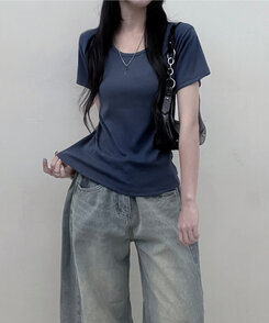 Uネックラウンドフィット半袖Tシャツ6色 NAVY