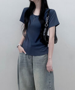 Uネックラウンドフィット半袖Tシャツ6色 NAVY