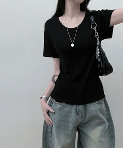 Uネックラウンドフィット半袖Tシャツ6色 BLACK