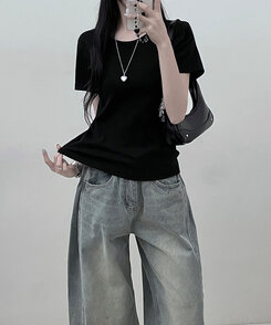 Uネックラウンドフィット半袖Tシャツ6色 BLACK