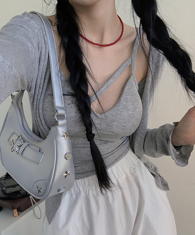 【SET】スリムフィットカーディガン ユニークキャミソール GRAY