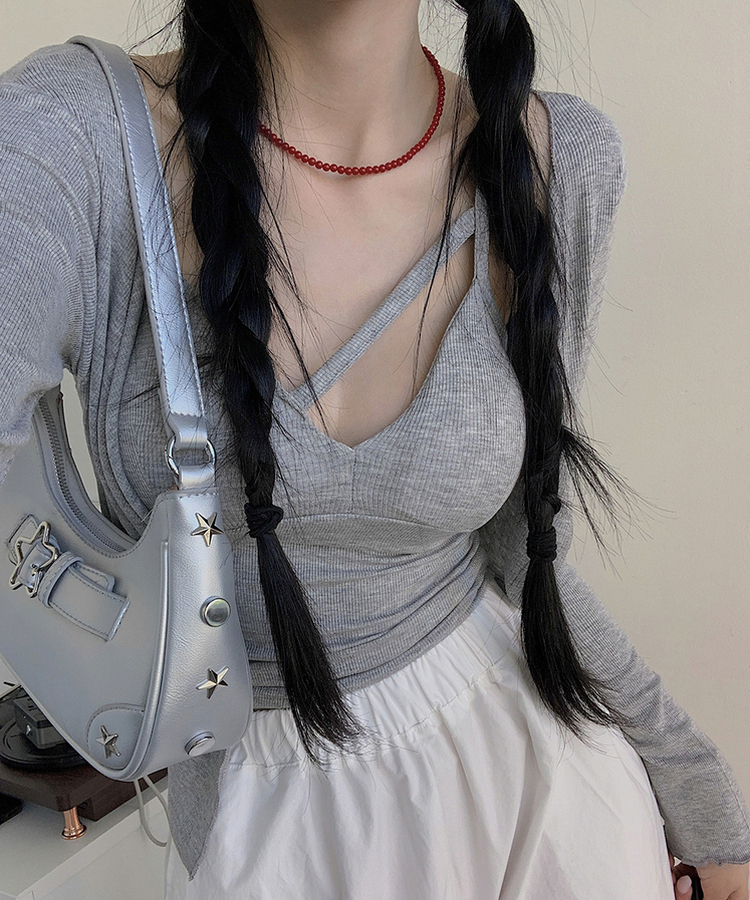 【SET】スリムフィットカーディガン ユニークキャミソール GRAY