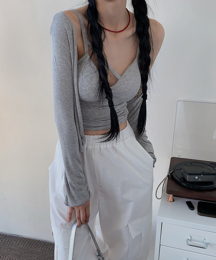 【SET】スリムフィットカーディガン ユニークキャミソール GRAY