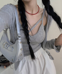 【SET】スリムフィットカーディガン ユニークキャミソール GRAY