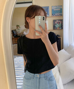 半袖Tシャツ アンバランスオフショルダー半袖クロップTシャツ BLACK