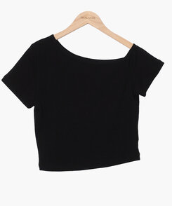 半袖Tシャツ アンバランスオフショルダー半袖クロップTシャツ