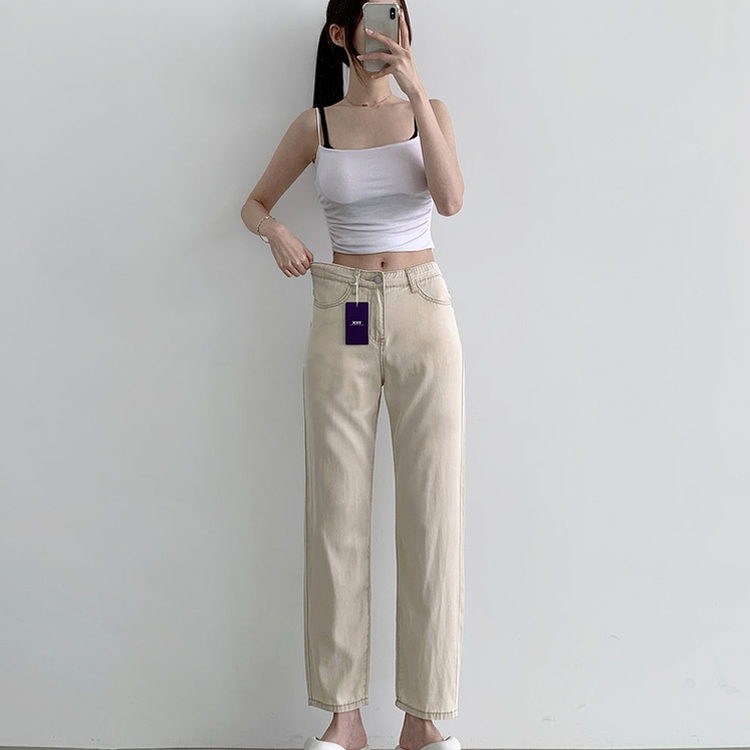 2XL청량 밴딩 테이퍼드 일자 스판 데님팬츠 베이지