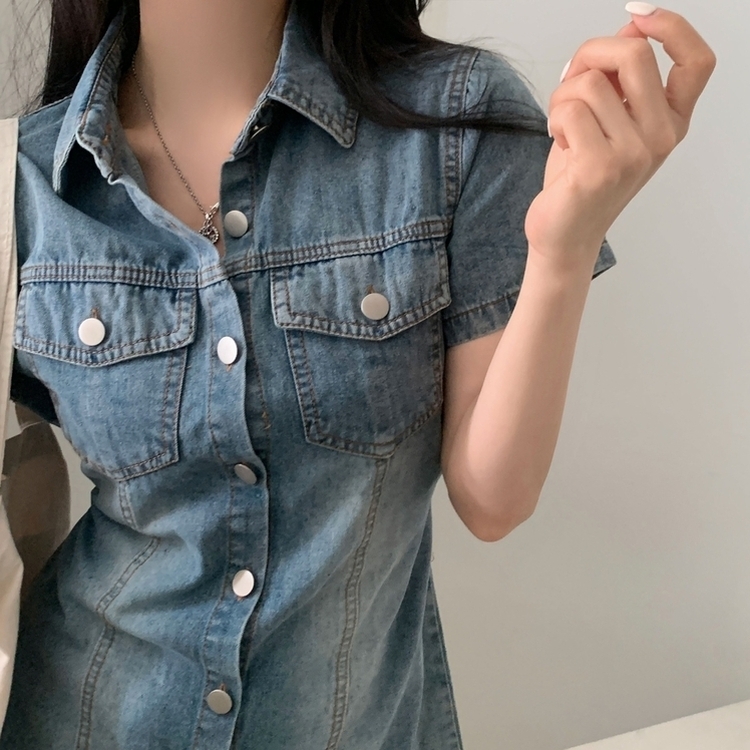 LA POMME デニムワンピース 半袖 レース襟半袖デニムミニワンピース Lace Collar Denim One Piece