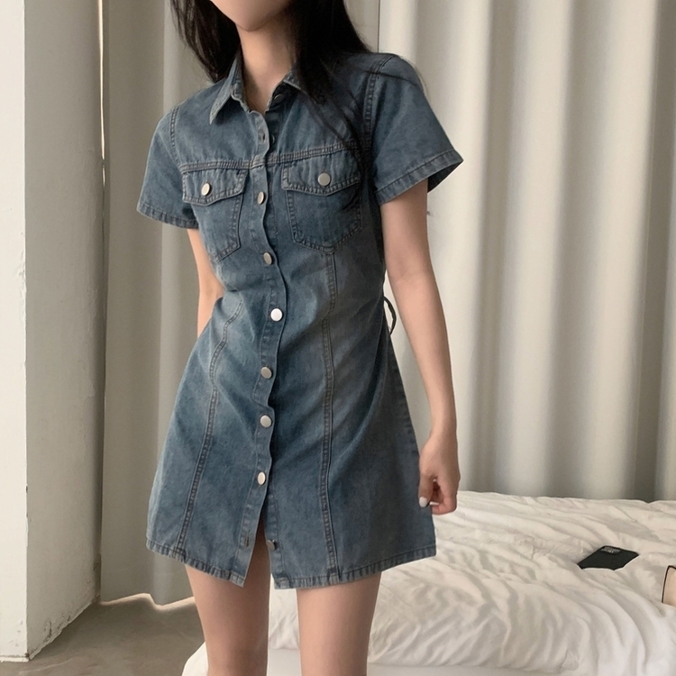 [GAP] レーザープリントフローラル デニム半袖ミニワンピース XSサイズあり】編み上げリボン×フラワー刺繍レースタイトミニ