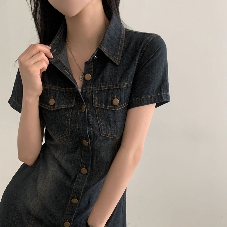 LA POMME デニムワンピース 半袖 レース襟半袖デニムミニワンピース Lace Collar Denim One Piece