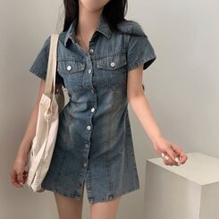 バックストラップデニムボタン半袖ワンピース｜ミニワンピース｜韓国