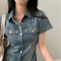 バックストラップデニムボタン半袖ワンピース｜ミニワンピース｜韓国