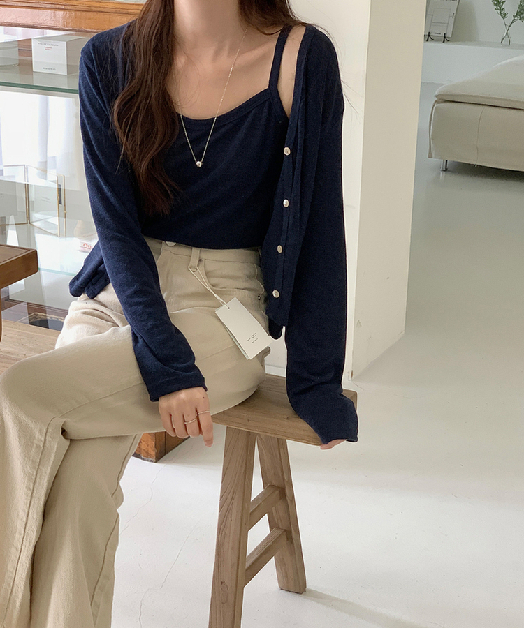 カーディガン 【SET】サマーリネンカーディガン シンプルキャミソール NAVY