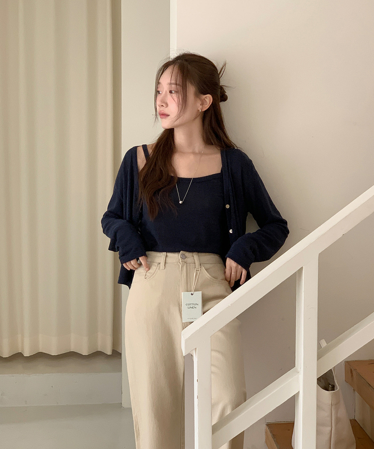 カーディガン 【SET】サマーリネンカーディガン シンプルキャミソール NAVY