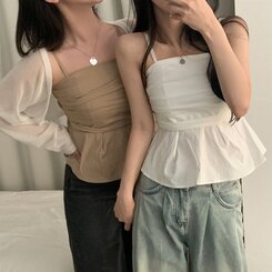 ノースリーブ フレアースモークバンディングキャミソールブラウス BEIGE