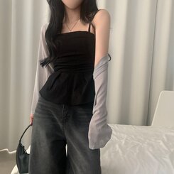 ノースリーブ フレアースモークバンディングキャミソールブラウス BLACK