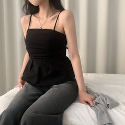 ノースリーブ フレアースモークバンディングキャミソールブラウス BLACK