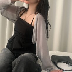 ノースリーブ フレアースモークバンディングキャミソールブラウス BLACK