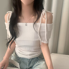 リボン半袖オフショルダーTシャツ IVORY
