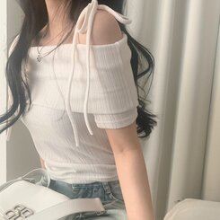 リボン半袖オフショルダーTシャツ IVORY