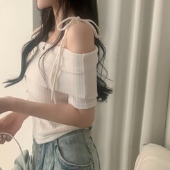 リボン半袖オフショルダーTシャツ IVORY