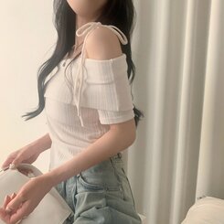 リボン半袖オフショルダーTシャツ IVORY