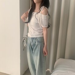 リボン半袖オフショルダーTシャツ IVORY