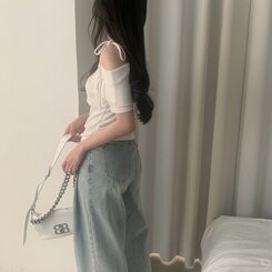 リボン半袖オフショルダーTシャツ IVORY