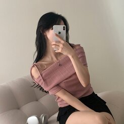 リボン半袖オフショルダーTシャツ PINK
