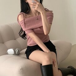 リボン半袖オフショルダーTシャツ PINK