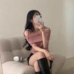 リボン半袖オフショルダーTシャツ PINK