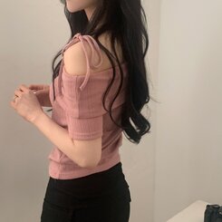 リボン半袖オフショルダーTシャツ PINK