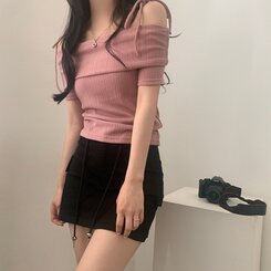 リボン半袖オフショルダーTシャツ PINK
