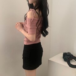 リボン半袖オフショルダーTシャツ PINK