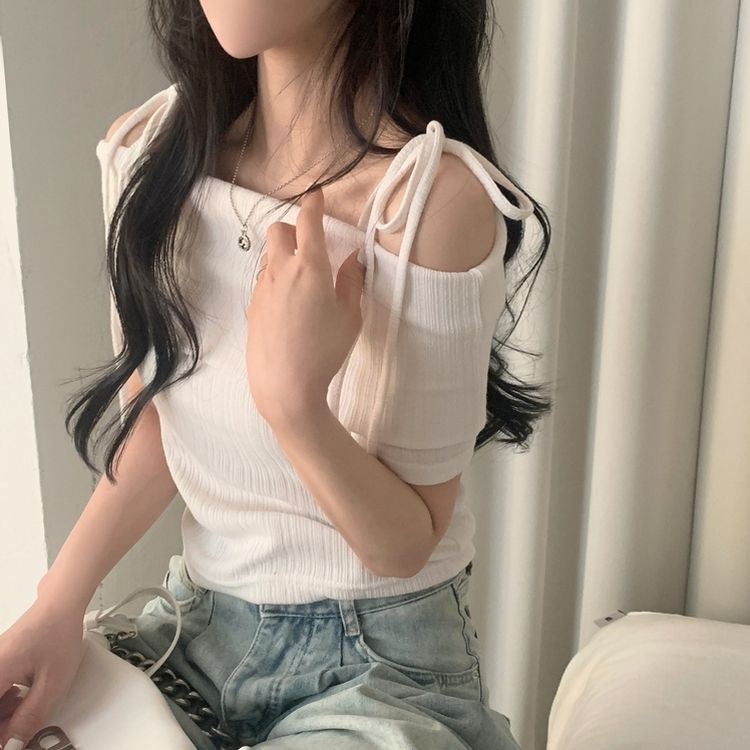 リボン半袖オフショルダーTシャツ IVORY