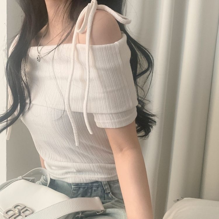 リボン半袖オフショルダーTシャツ IVORY