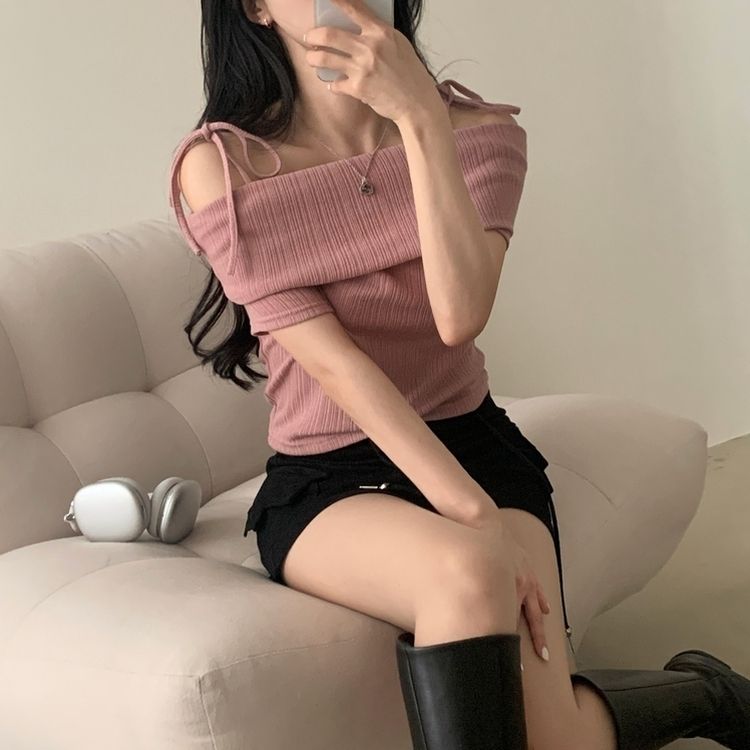 リボン半袖オフショルダーTシャツ PINK