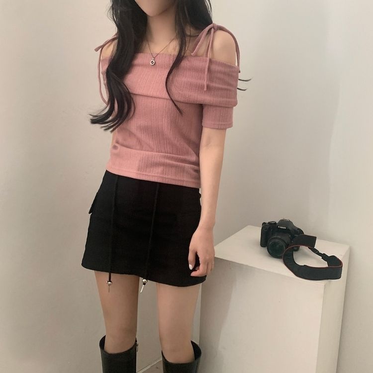 リボン半袖オフショルダーTシャツ PINK