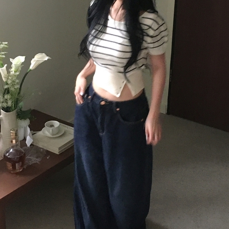 ストライプベーシックUネッククロップボタンニット半袖Tシャツ8色 CREAM NAVY