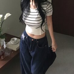 ニット ストライプベーシックUネッククロップボタンニット半袖Tシャツ8色 CREAM NAVY