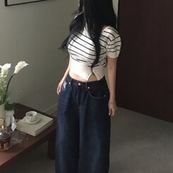 ニット ストライプベーシックUネッククロップボタンニット半袖Tシャツ8色 CREAM NAVY