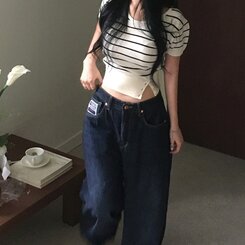 ニット ストライプベーシックUネッククロップボタンニット半袖Tシャツ8色 CREAM NAVY