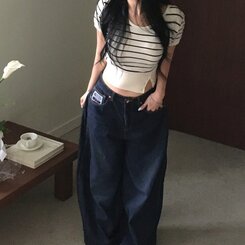 ニット ストライプベーシックUネッククロップボタンニット半袖Tシャツ8色 CREAM NAVY