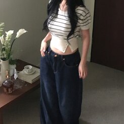 ニット ストライプベーシックUネッククロップボタンニット半袖Tシャツ8色 CREAM NAVY
