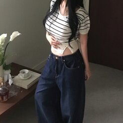 ニット ストライプベーシックUネッククロップボタンニット半袖Tシャツ8色 CREAM NAVY