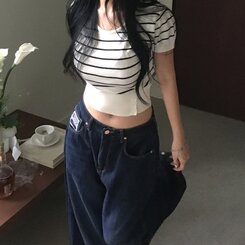 ニット ストライプベーシックUネッククロップボタンニット半袖Tシャツ8色 CREAM NAVY