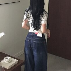 ニット ストライプベーシックUネッククロップボタンニット半袖Tシャツ8色 CREAM NAVY