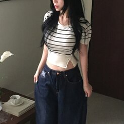 ニット ストライプベーシックUネッククロップボタンニット半袖Tシャツ8色 CREAM NAVY