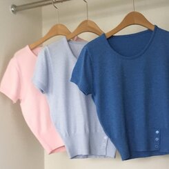 ニット ストライプベーシックUネッククロップボタンニット半袖Tシャツ8色